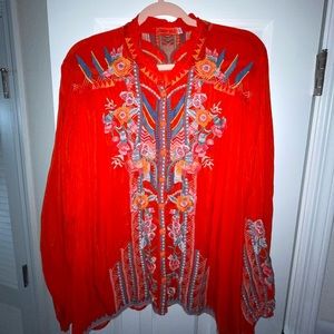 Johnny Was Red Embroidered Long Sleeve Top XL